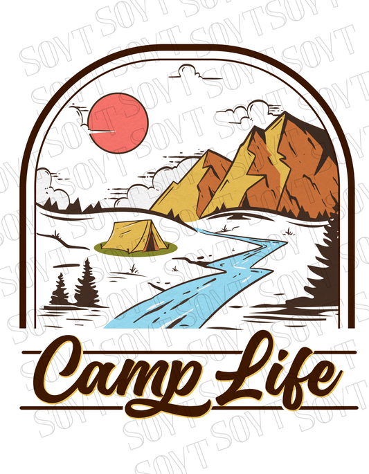 Camp Life T-Shirt – Mountain Tent & River Camping Scene Graphic Tee - Festive Apparel StoreBlack
