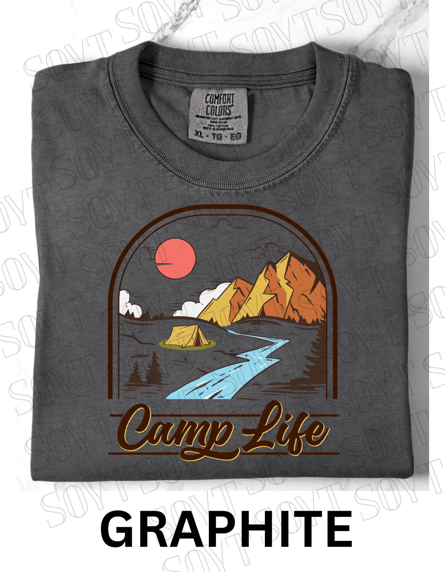 Camp Life T-Shirt – Mountain Tent & River Camping Scene Graphic Tee - Festive Apparel StoreGraphite