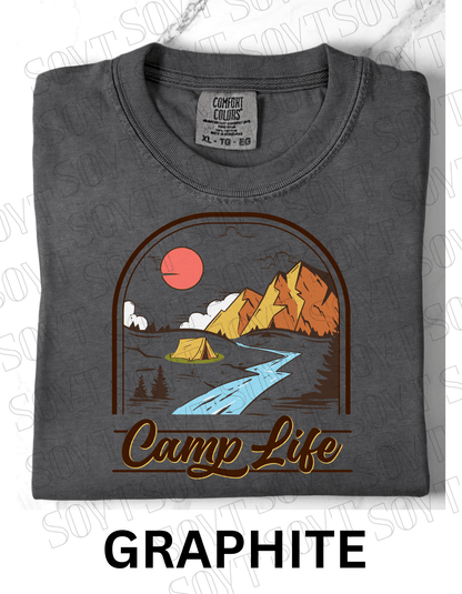 Camp Life T-Shirt – Mountain Tent & River Camping Scene Graphic Tee - Festive Apparel StoreGraphite