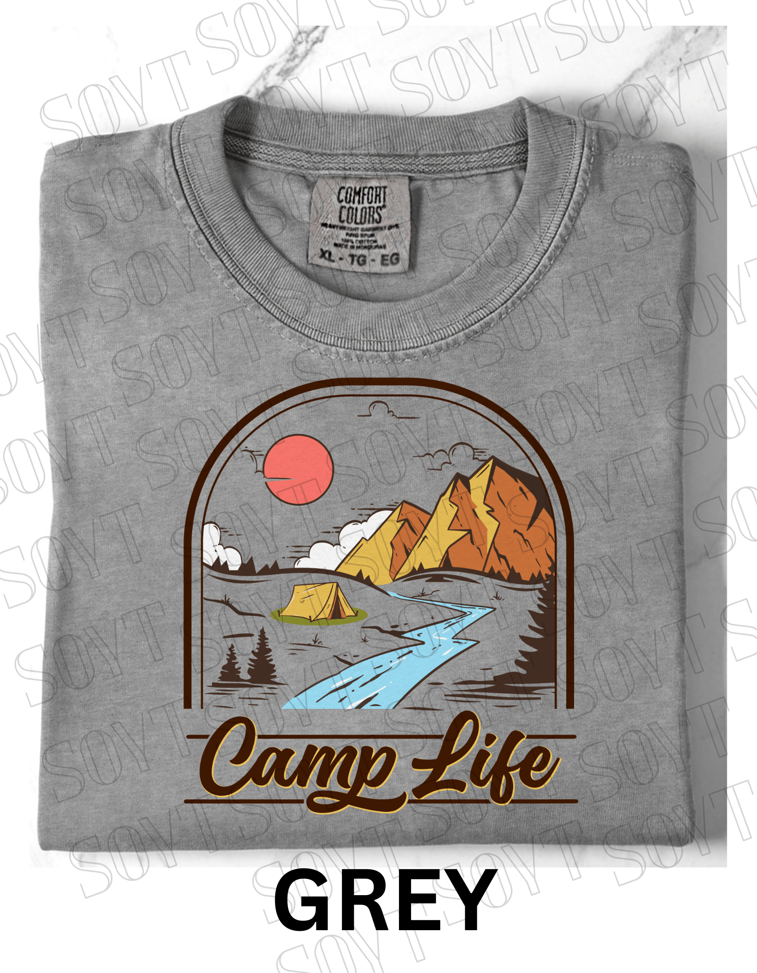Camp Life T-Shirt – Mountain Tent & River Camping Scene Graphic Tee - Festive Apparel StoreGrey