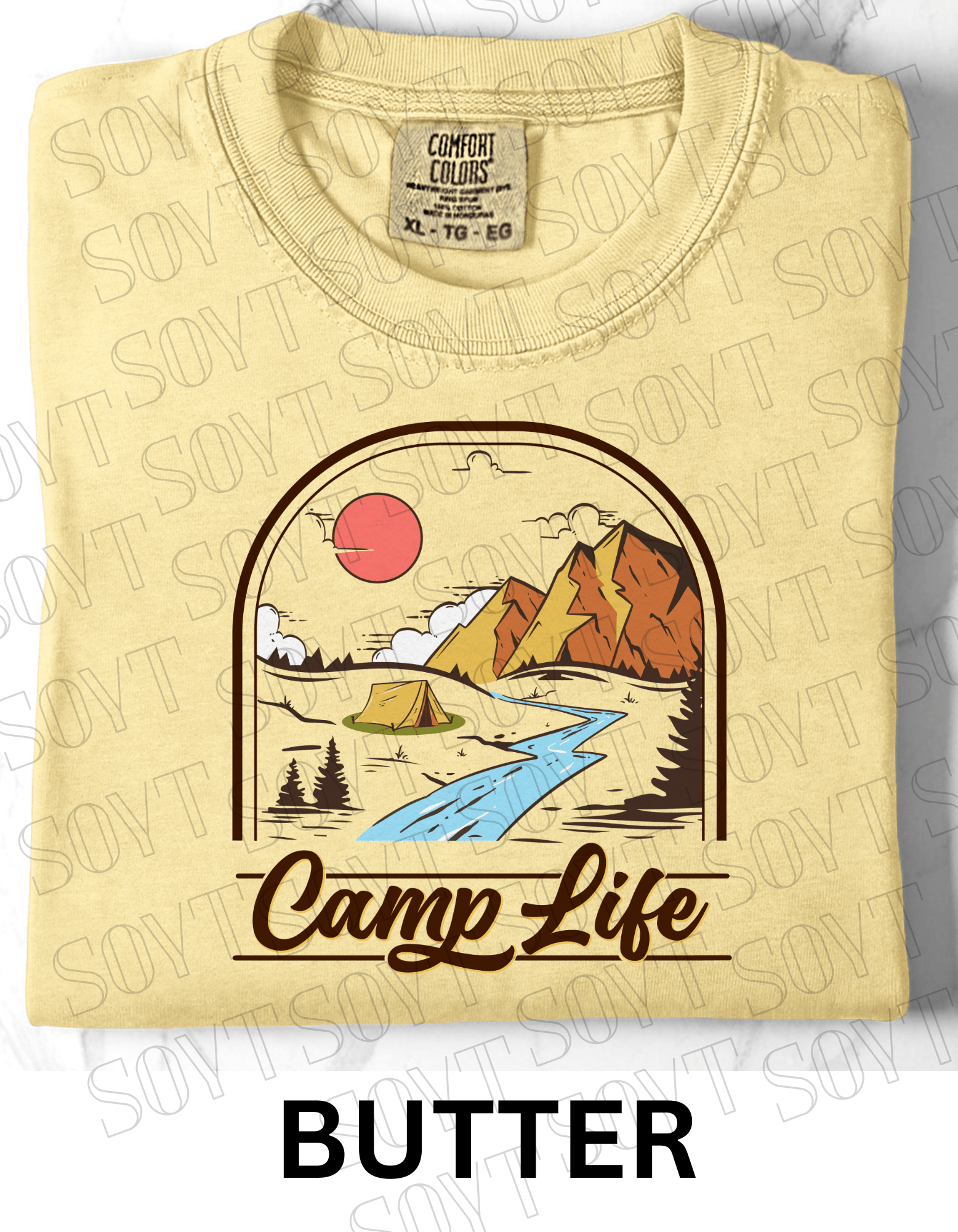 Camp Life T-Shirt – Mountain Tent & River Camping Scene Graphic Tee - Festive Apparel StoreButter