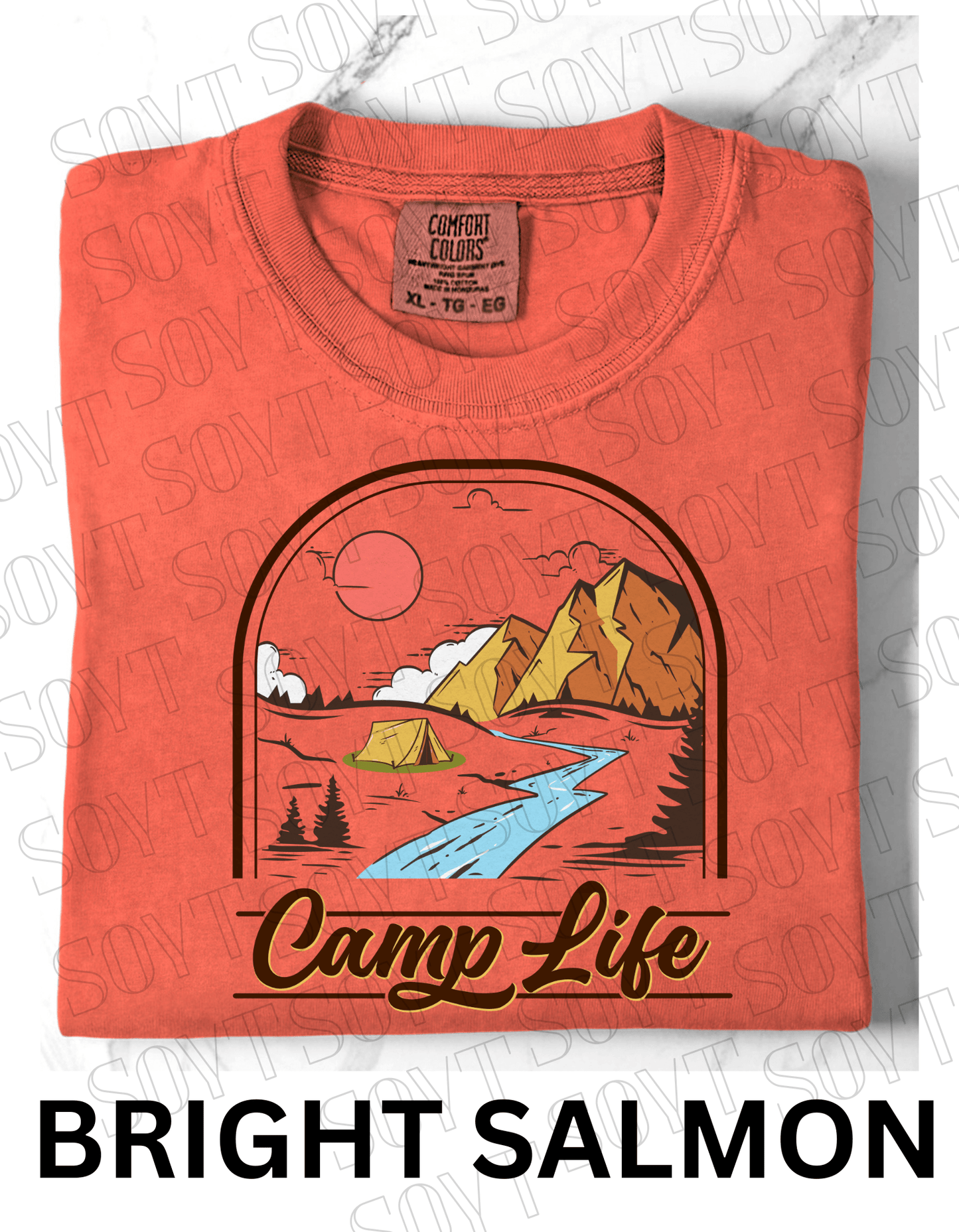 Camp Life T-Shirt – Mountain Tent & River Camping Scene Graphic Tee - Festive Apparel StoreBright Salmon