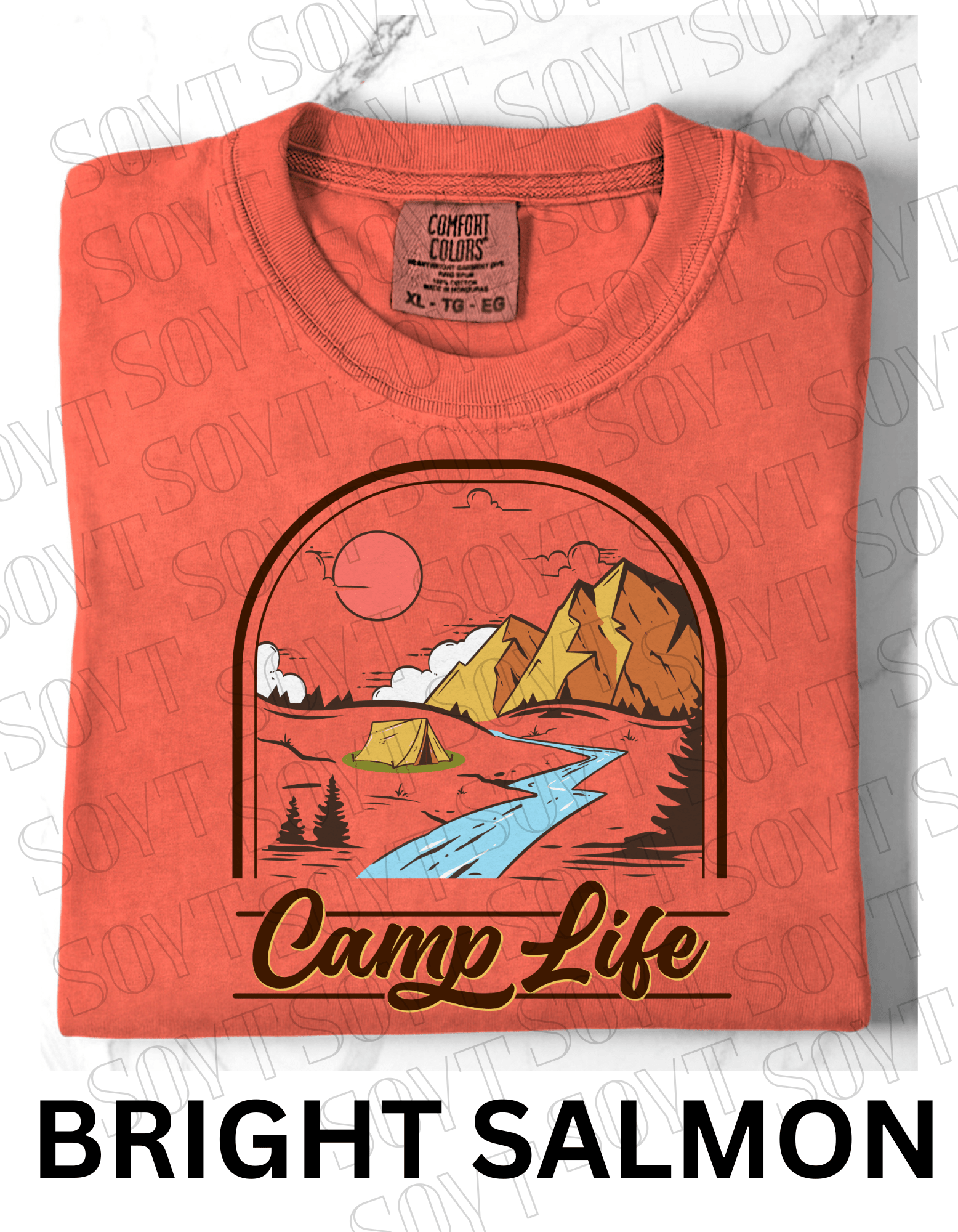 Camp Life T-Shirt – Mountain Tent & River Camping Scene Graphic Tee - Festive Apparel StoreBright Salmon