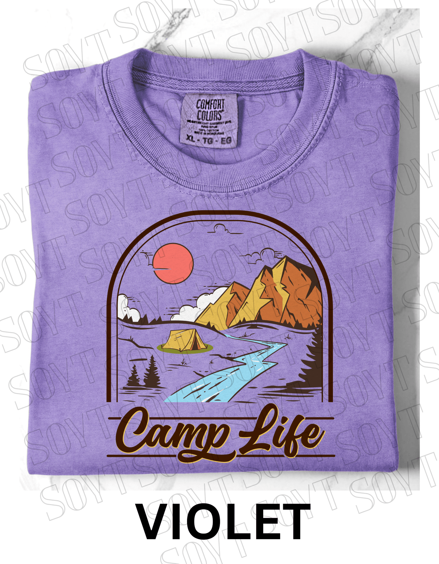 Camp Life T-Shirt – Mountain Tent & River Camping Scene Graphic Tee - Festive Apparel StoreViolet