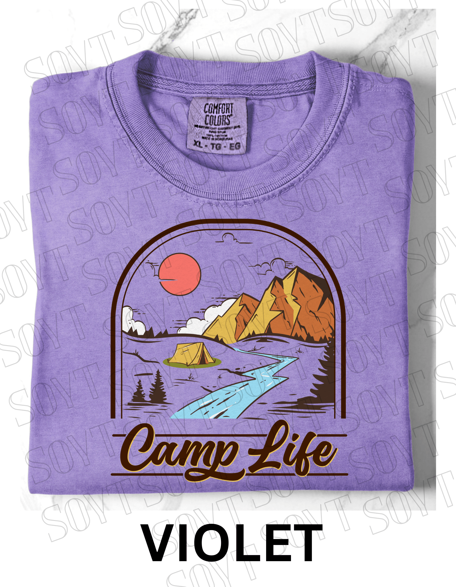 Camp Life T-Shirt – Mountain Tent & River Camping Scene Graphic Tee - Festive Apparel StoreViolet