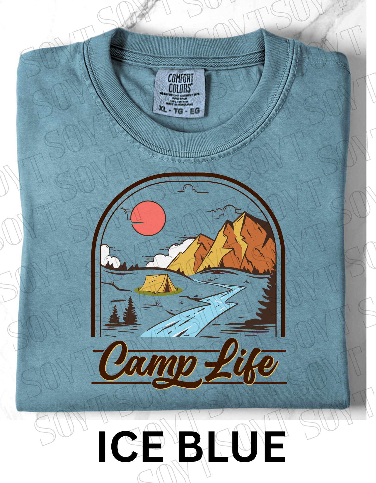 Camp Life T-Shirt – Mountain Tent & River Camping Scene Graphic Tee - Festive Apparel StoreIce Blue