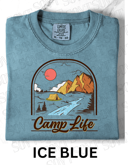 Camp Life T-Shirt – Mountain Tent & River Camping Scene Graphic Tee - Festive Apparel StoreIce Blue