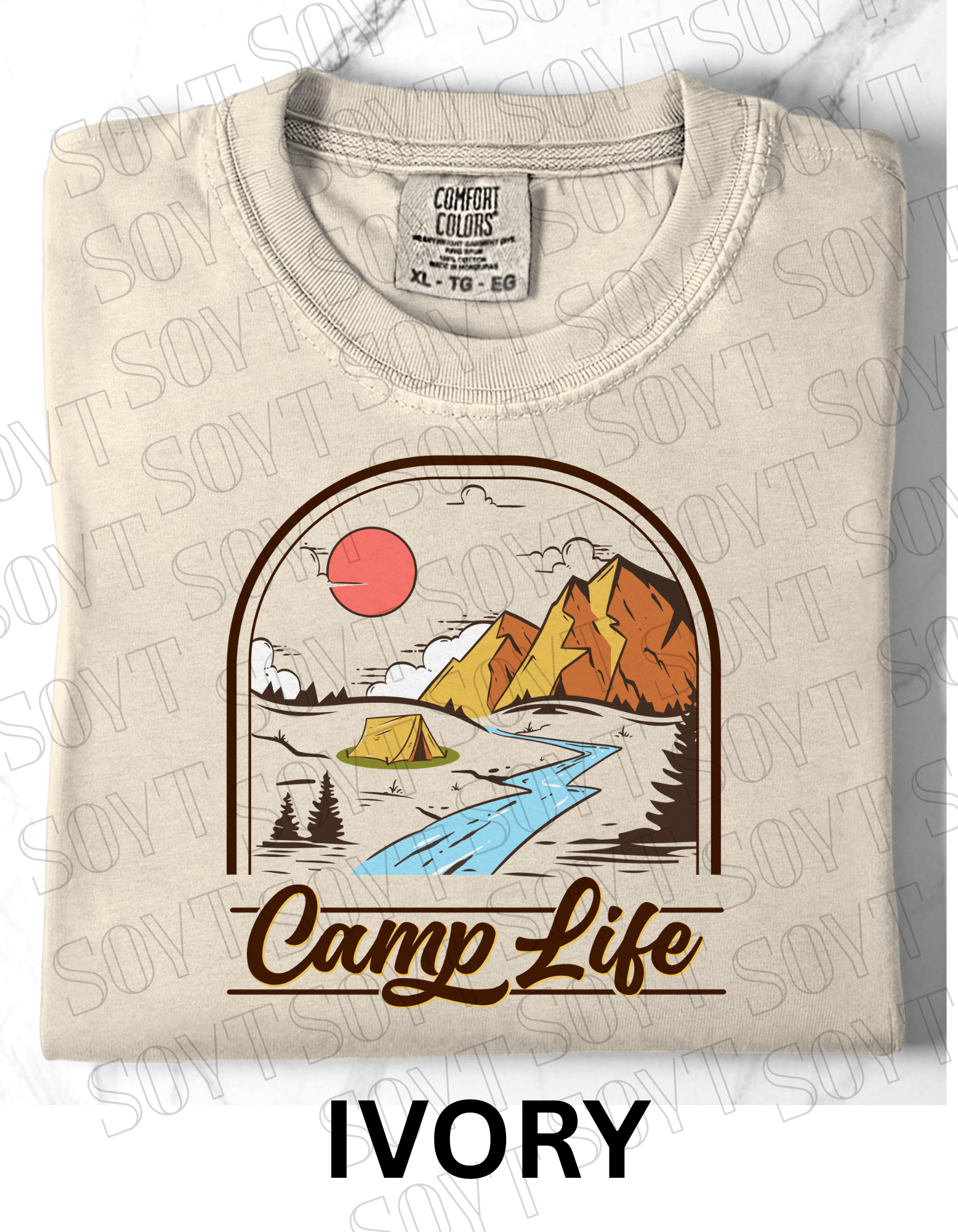 Camp Life T-Shirt – Mountain Tent & River Camping Scene Graphic Tee - Festive Apparel StoreIvory