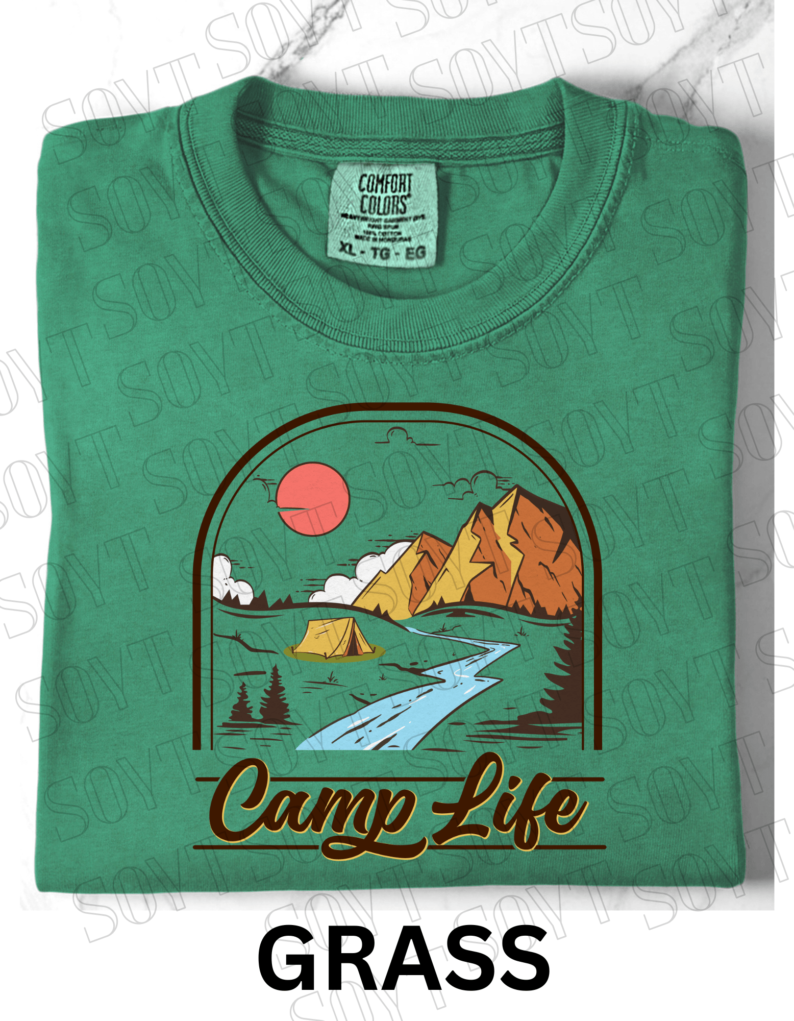 Camp Life T-Shirt – Mountain Tent & River Camping Scene Graphic Tee - Festive Apparel StoreGrass