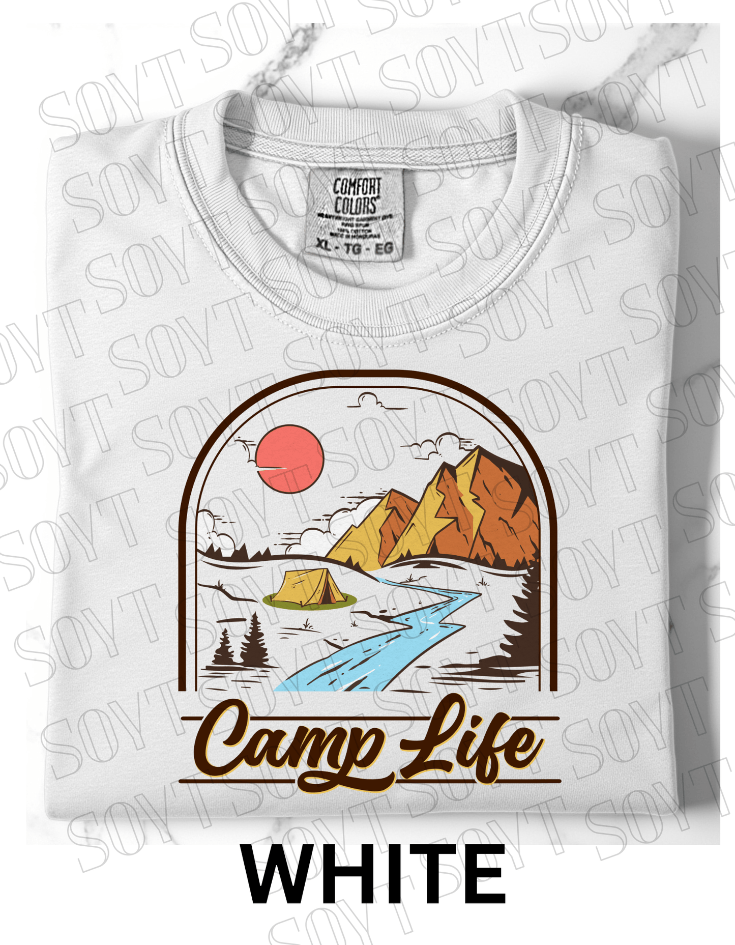 Camp Life T-Shirt – Mountain Tent & River Camping Scene Graphic Tee - Festive Apparel StoreWhite