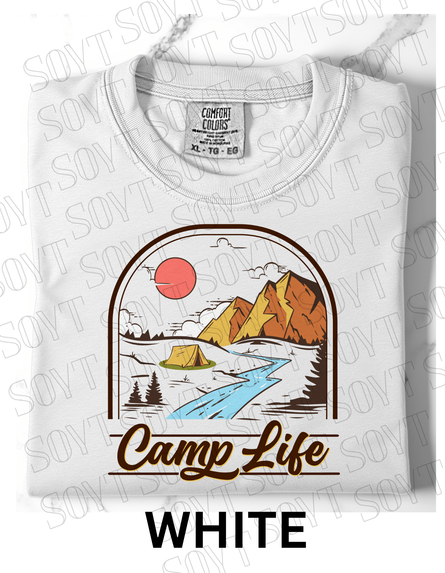 Camp Life T-Shirt – Mountain Tent & River Camping Scene Graphic Tee - Festive Apparel StoreWhite