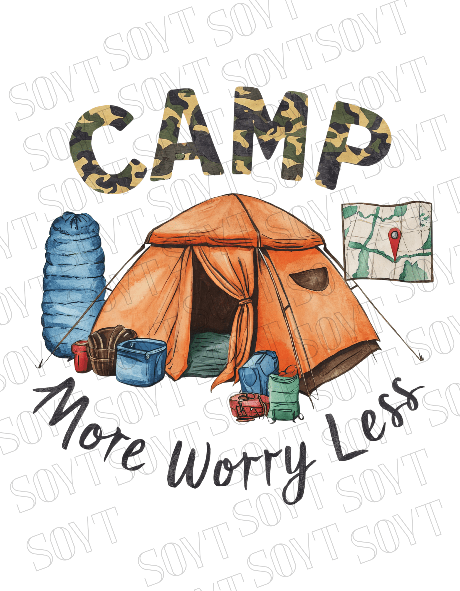 Camp More Worry Less T-Shirt – Camo Camping Tent & Gear Graphic Tee - Festive Apparel StoreBlack