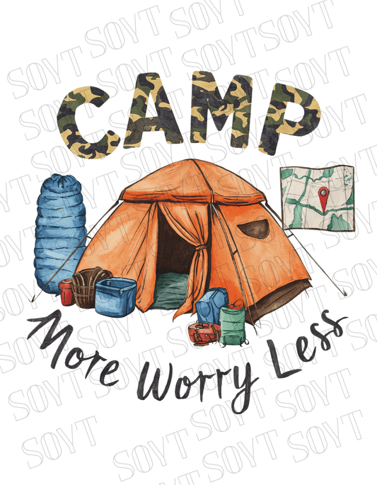 Camp More Worry Less T-Shirt – Camo Camping Tent & Gear Graphic Tee - Festive Apparel StoreBlack