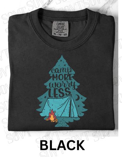 Camp More Worry Less T-Shirt – Pine Tree Tent & Campfire Graphic Tee - Festive Apparel StoreBlack