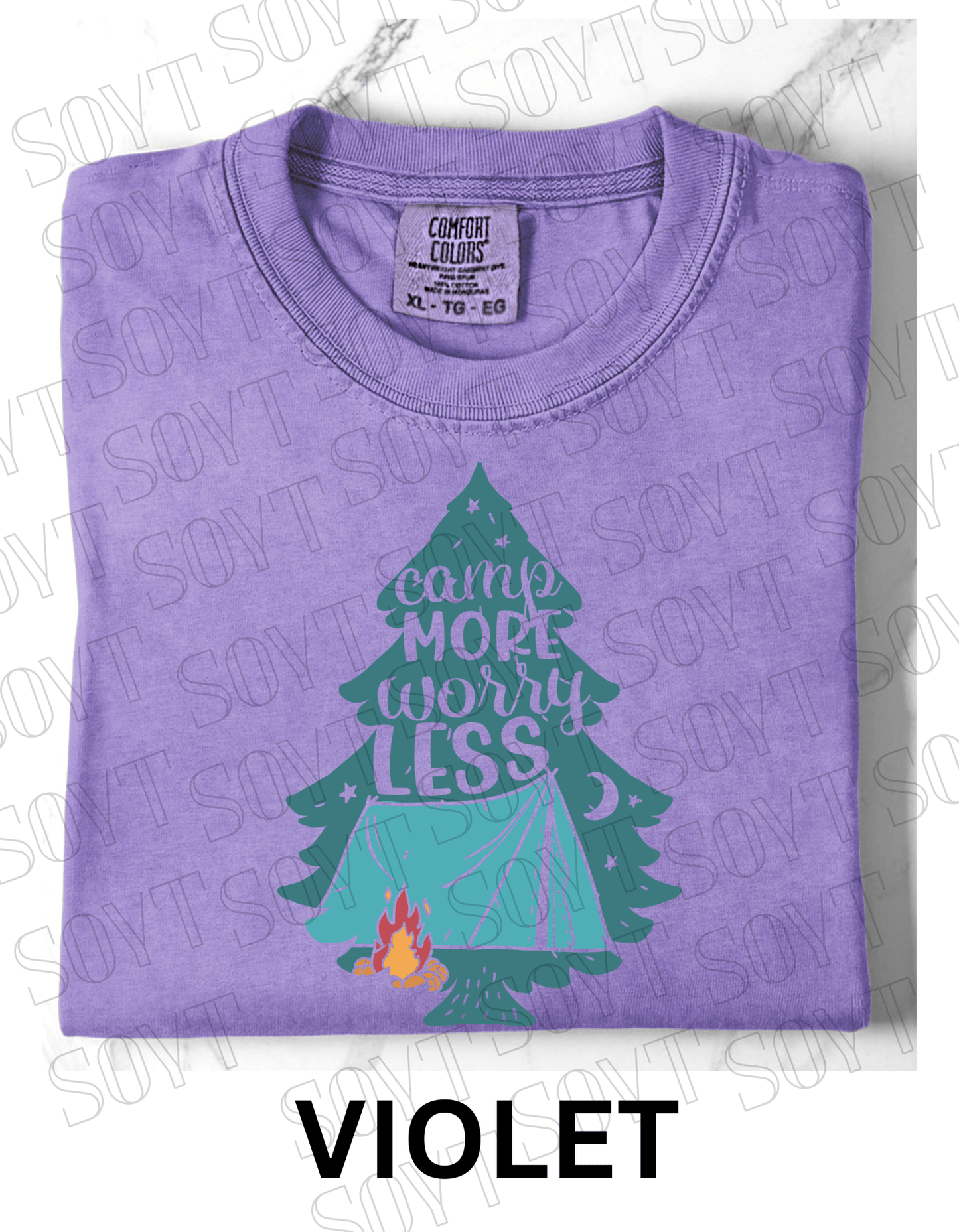 Camp More Worry Less T-Shirt – Pine Tree Tent & Campfire Graphic Tee - Festive Apparel StoreViolet
