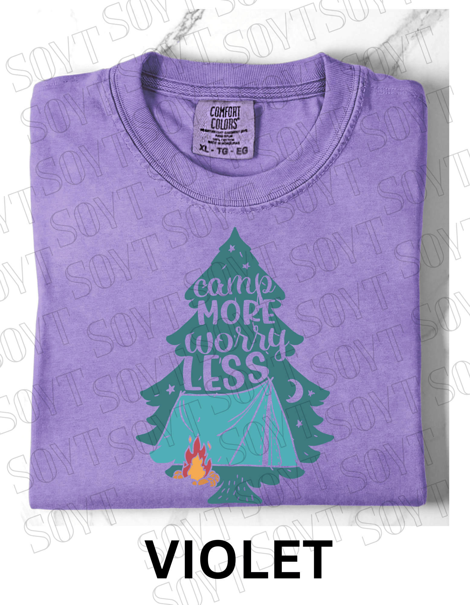 Camp More Worry Less T-Shirt – Pine Tree Tent & Campfire Graphic Tee - Festive Apparel StoreViolet