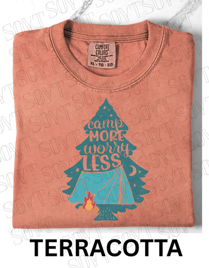 Camp More Worry Less T-Shirt – Pine Tree Tent & Campfire Graphic Tee - Festive Apparel StoreTerracotta