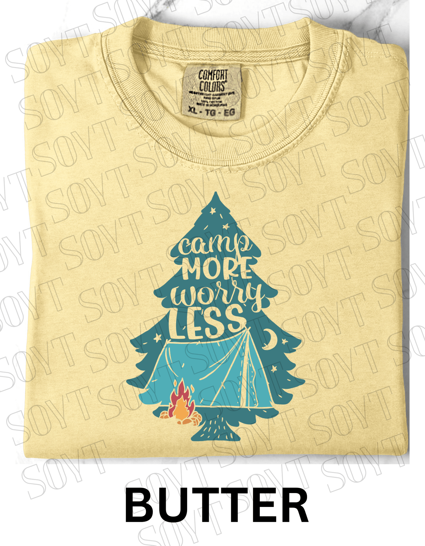 Camp More Worry Less T-Shirt – Pine Tree Tent & Campfire Graphic Tee - Festive Apparel StoreButter