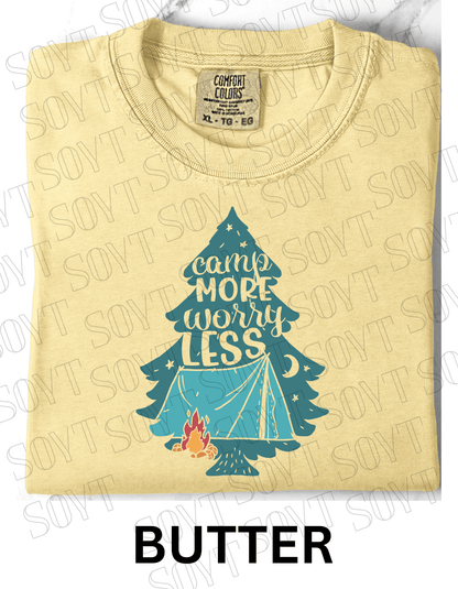 Camp More Worry Less T-Shirt – Pine Tree Tent & Campfire Graphic Tee - Festive Apparel StoreButter