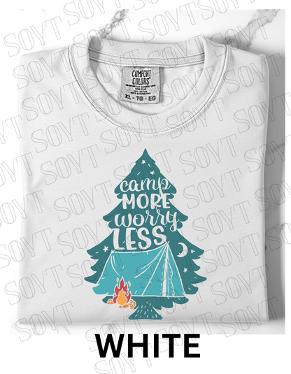 Camp More Worry Less T-Shirt – Pine Tree Tent & Campfire Graphic Tee - Festive Apparel StoreWhite