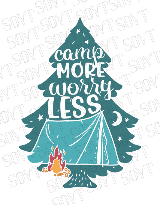 Camp More Worry Less T-Shirt – Pine Tree Tent & Campfire Graphic Tee - Festive Apparel StoreBlack