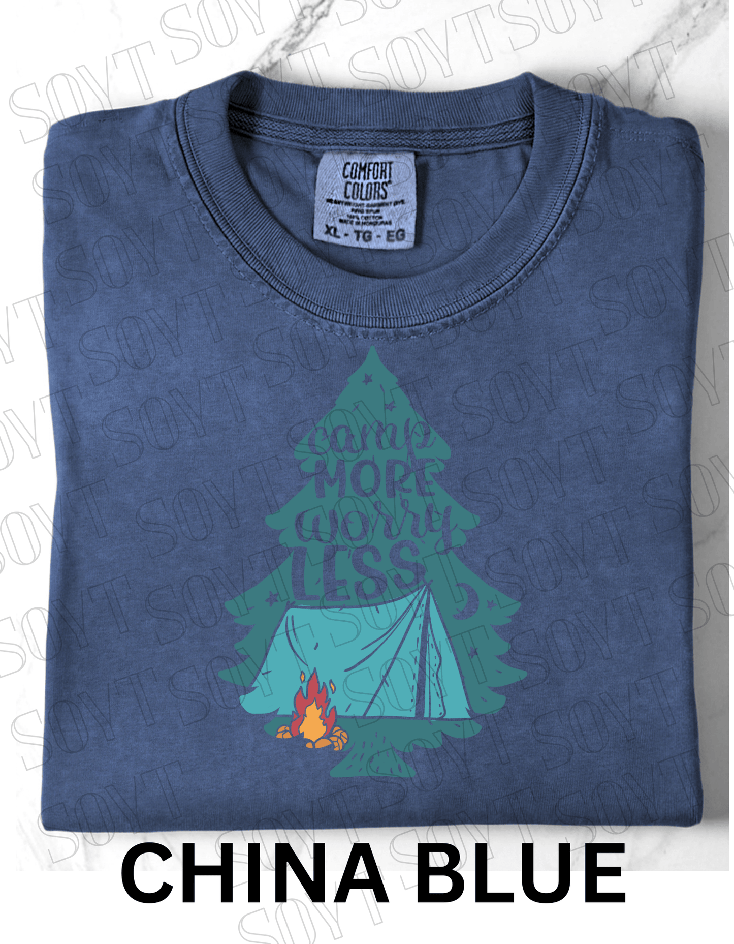 Camp More Worry Less T-Shirt – Pine Tree Tent & Campfire Graphic Tee - Festive Apparel StoreChina Blue