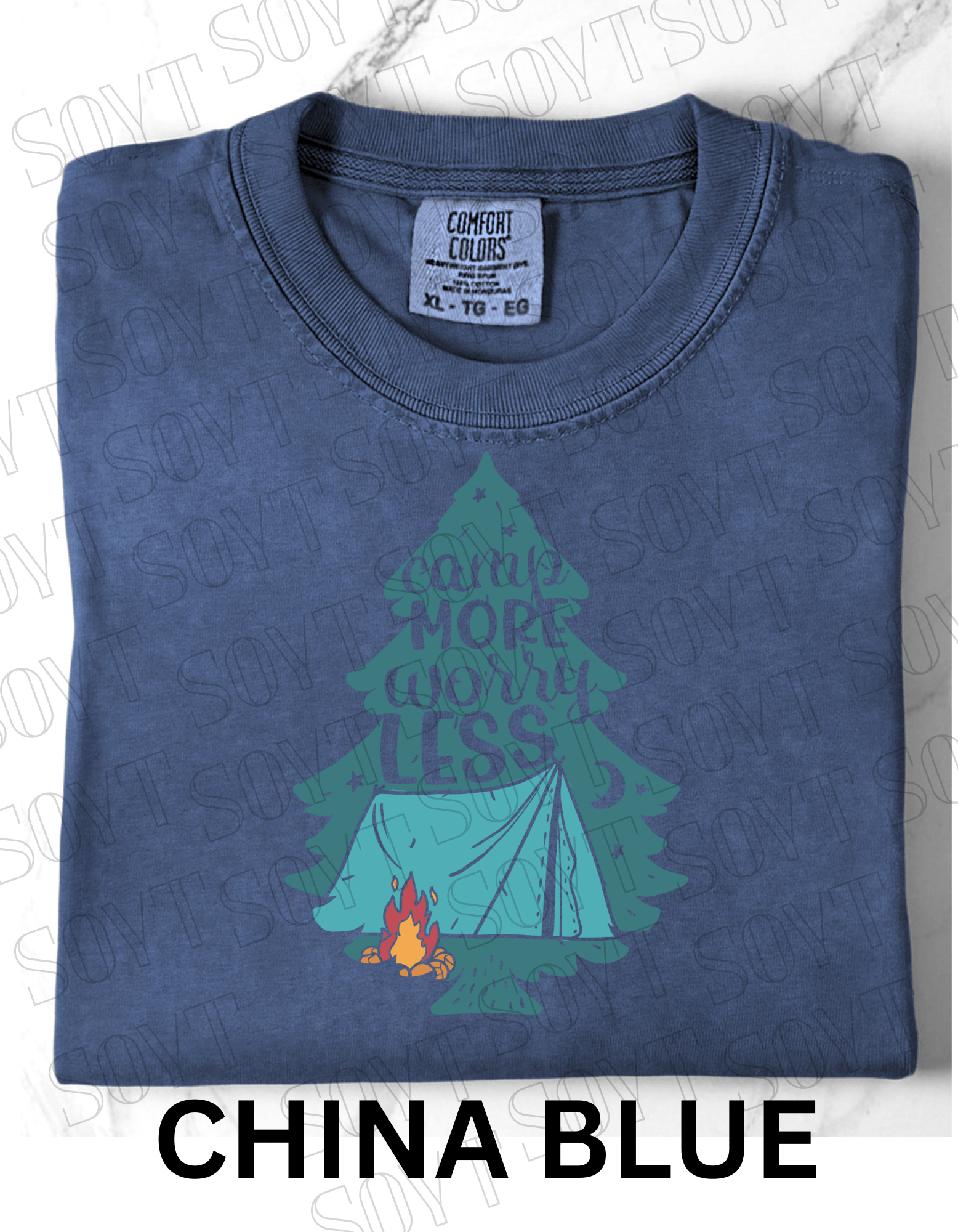 Camp More Worry Less T-Shirt – Pine Tree Tent & Campfire Graphic Tee - Festive Apparel StoreChina Blue