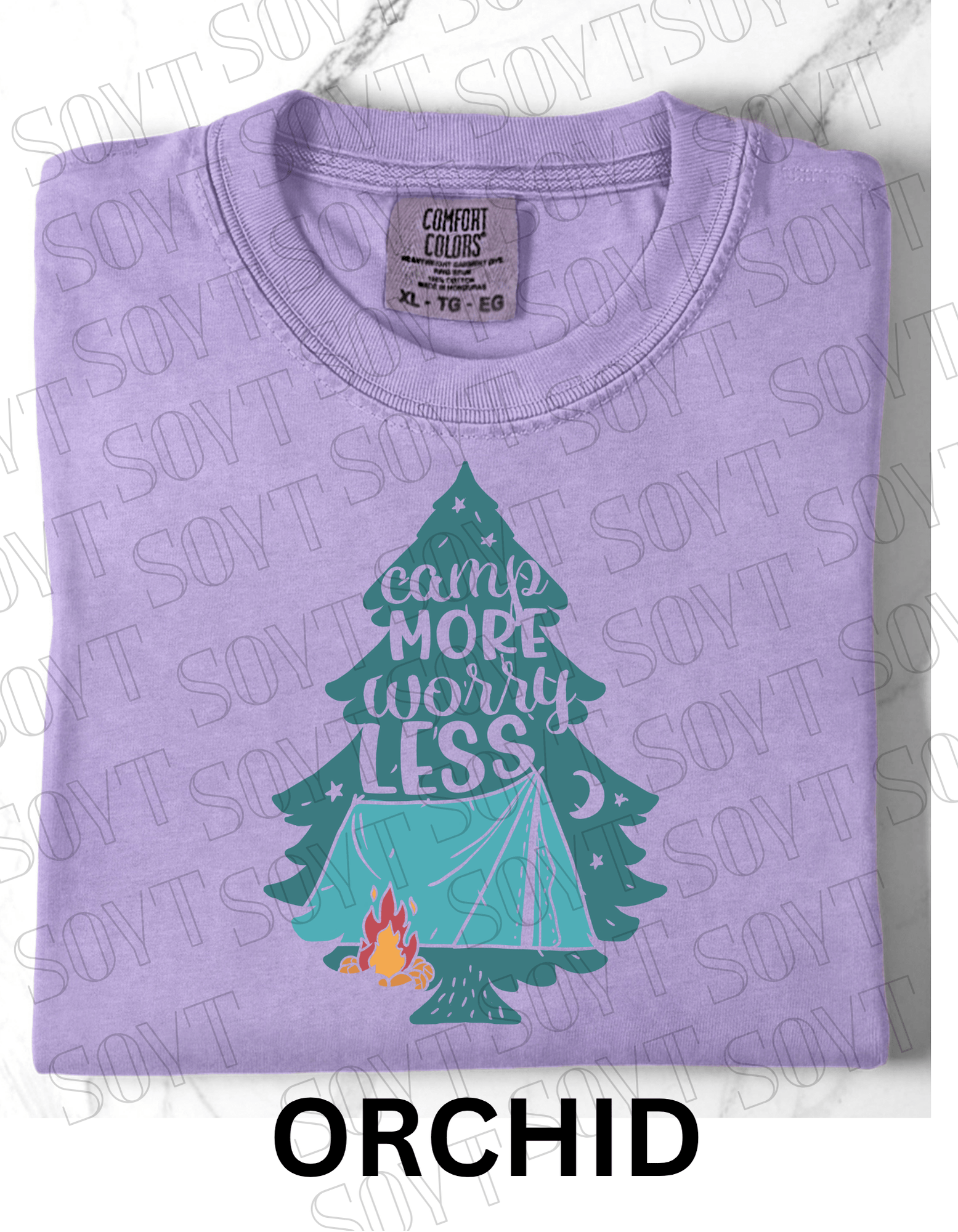 Camp More Worry Less T-Shirt – Pine Tree Tent & Campfire Graphic Tee - Festive Apparel StoreOrchid