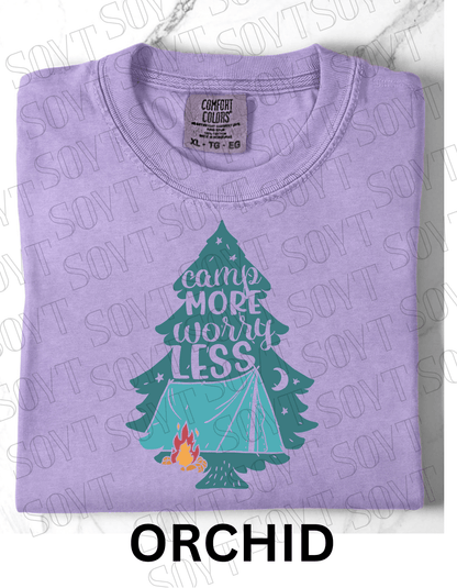 Camp More Worry Less T-Shirt – Pine Tree Tent & Campfire Graphic Tee - Festive Apparel StoreOrchid