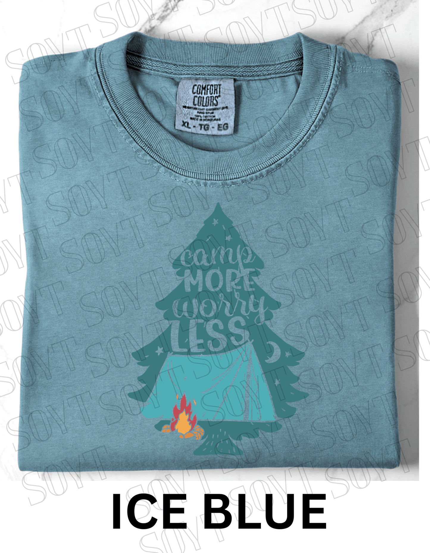 Camp More Worry Less T-Shirt – Pine Tree Tent & Campfire Graphic Tee - Festive Apparel StoreIce Blue