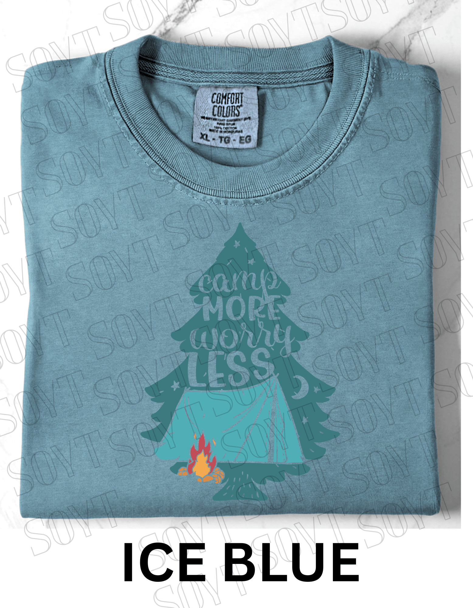 Camp More Worry Less T-Shirt – Pine Tree Tent & Campfire Graphic Tee - Festive Apparel StoreIce Blue