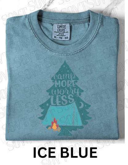 Camp More Worry Less T-Shirt – Pine Tree Tent & Campfire Graphic Tee - Festive Apparel StoreIce Blue