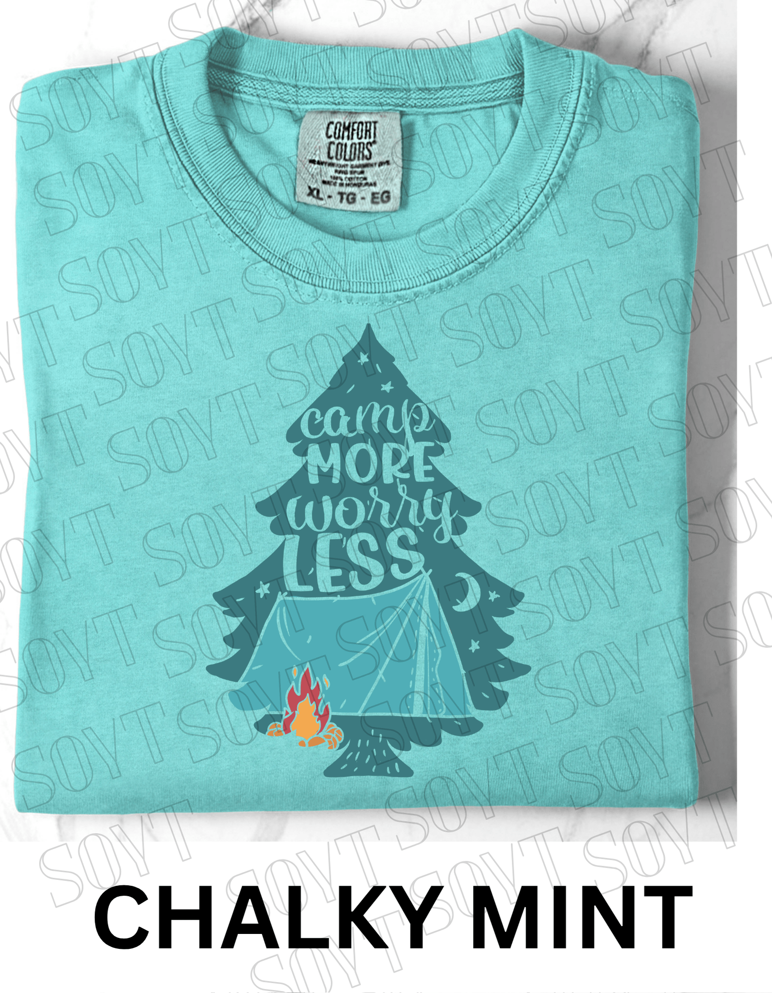 Camp More Worry Less T-Shirt – Pine Tree Tent & Campfire Graphic Tee - Festive Apparel StoreChalky Mint