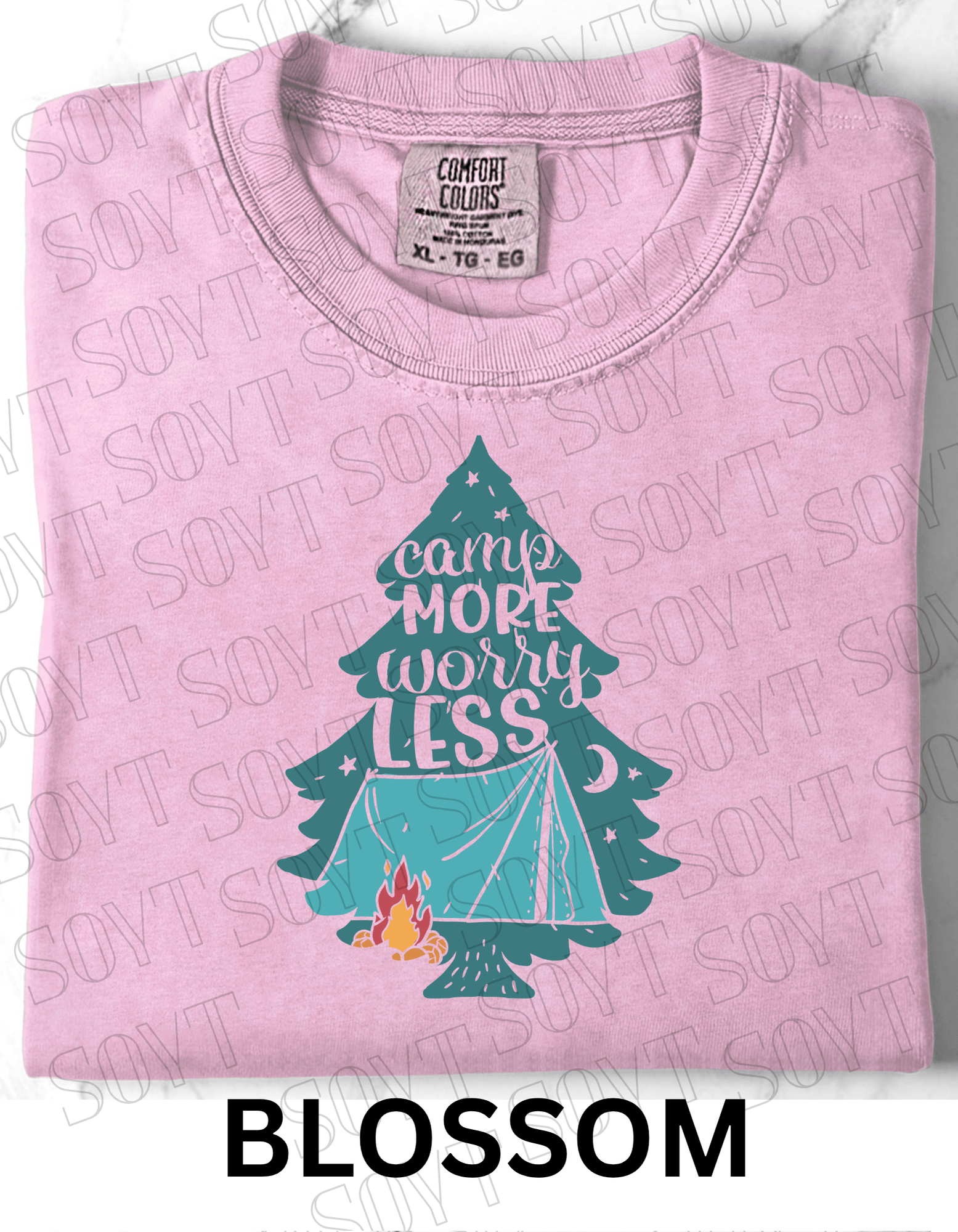Camp More Worry Less T-Shirt – Pine Tree Tent & Campfire Graphic Tee - Festive Apparel StoreBlossom