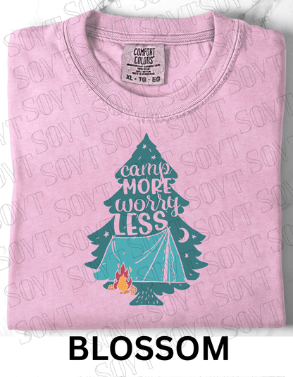Camp More Worry Less T-Shirt – Pine Tree Tent & Campfire Graphic Tee - Festive Apparel StoreBlossom