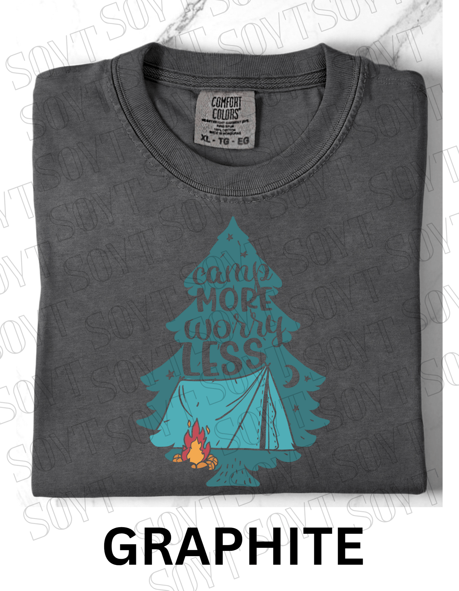 Camp More Worry Less T-Shirt – Pine Tree Tent & Campfire Graphic Tee - Festive Apparel StoreGraphite