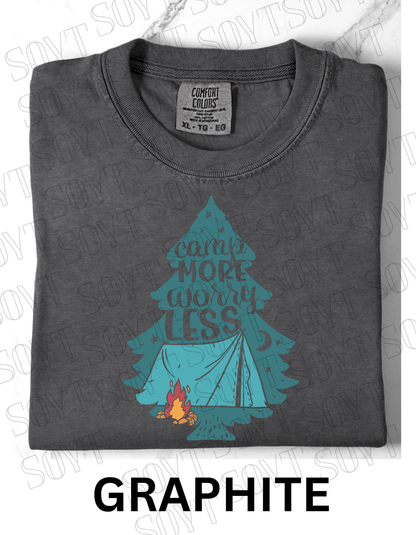 Camp More Worry Less T-Shirt – Pine Tree Tent & Campfire Graphic Tee - Festive Apparel StoreGraphite
