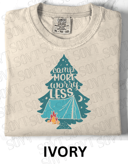 Camp More Worry Less T-Shirt – Pine Tree Tent & Campfire Graphic Tee - Festive Apparel StoreIvory