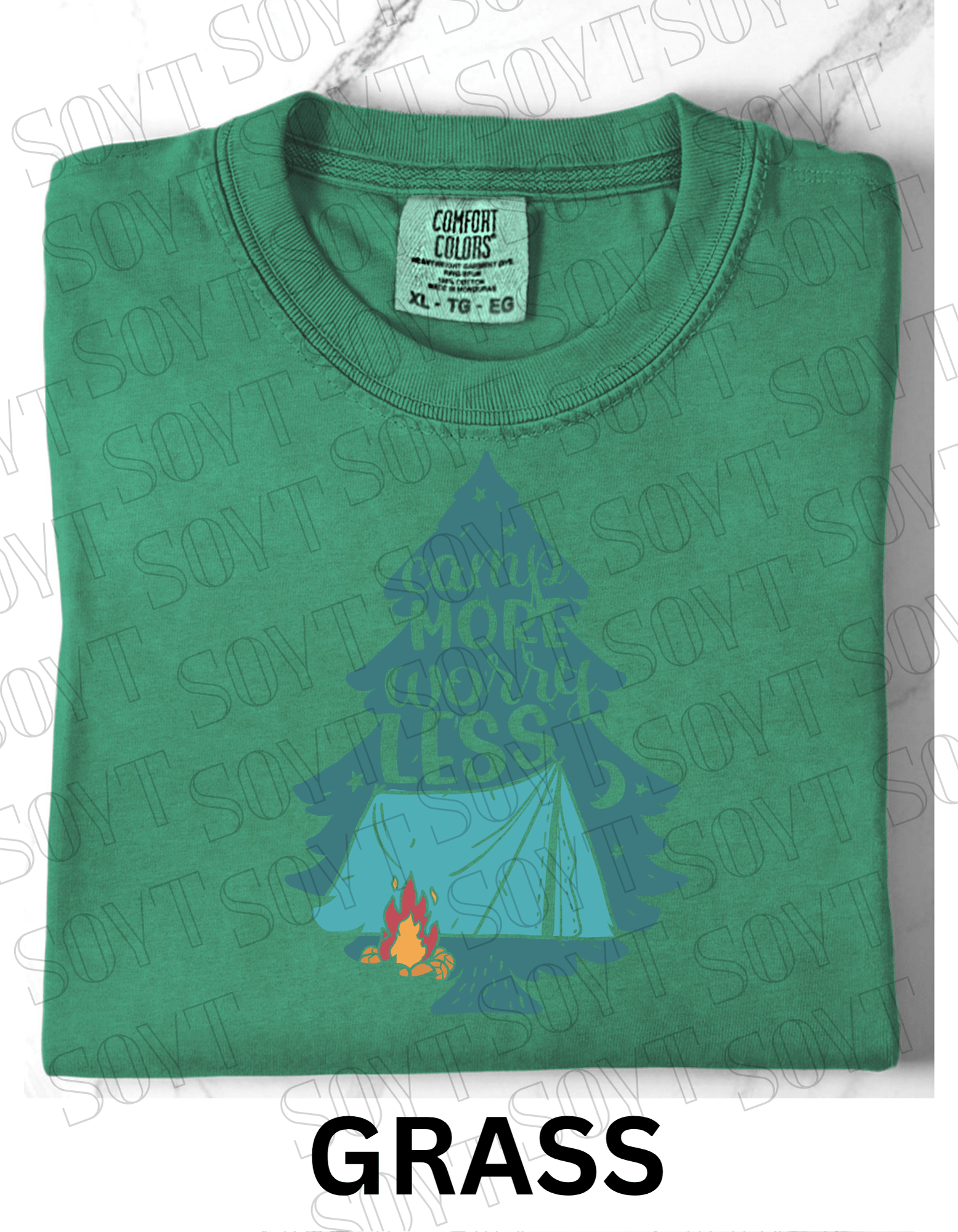 Camp More Worry Less T-Shirt – Pine Tree Tent & Campfire Graphic Tee - Festive Apparel StoreGrass