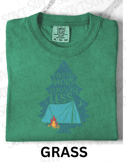 Camp More Worry Less T-Shirt – Pine Tree Tent & Campfire Graphic Tee - Festive Apparel StoreGrass
