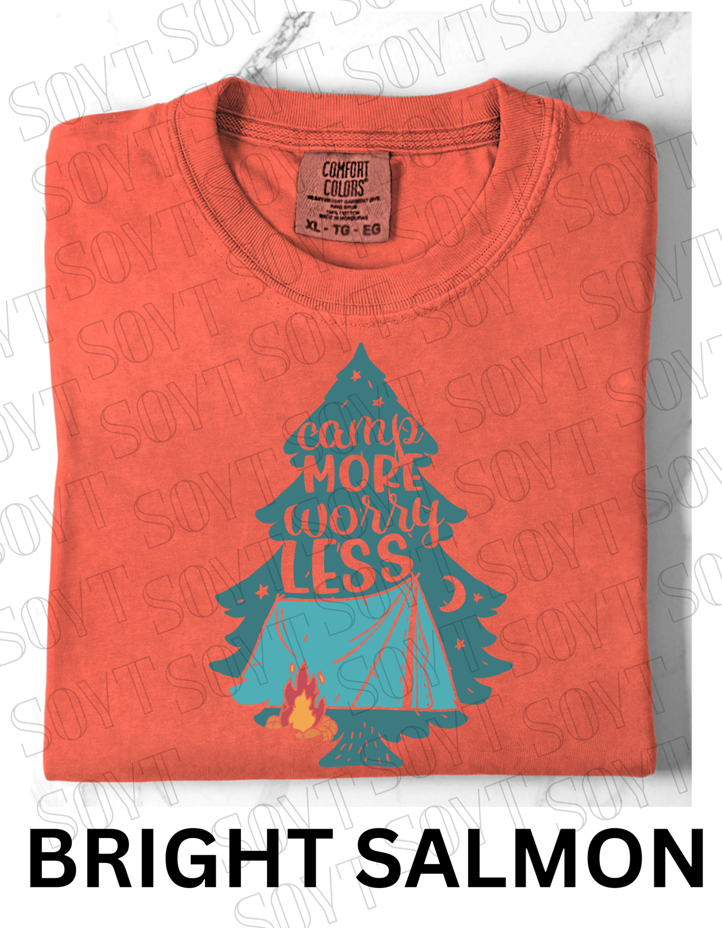 Camp More Worry Less T-Shirt – Pine Tree Tent & Campfire Graphic Tee - Festive Apparel StoreBright Salmon