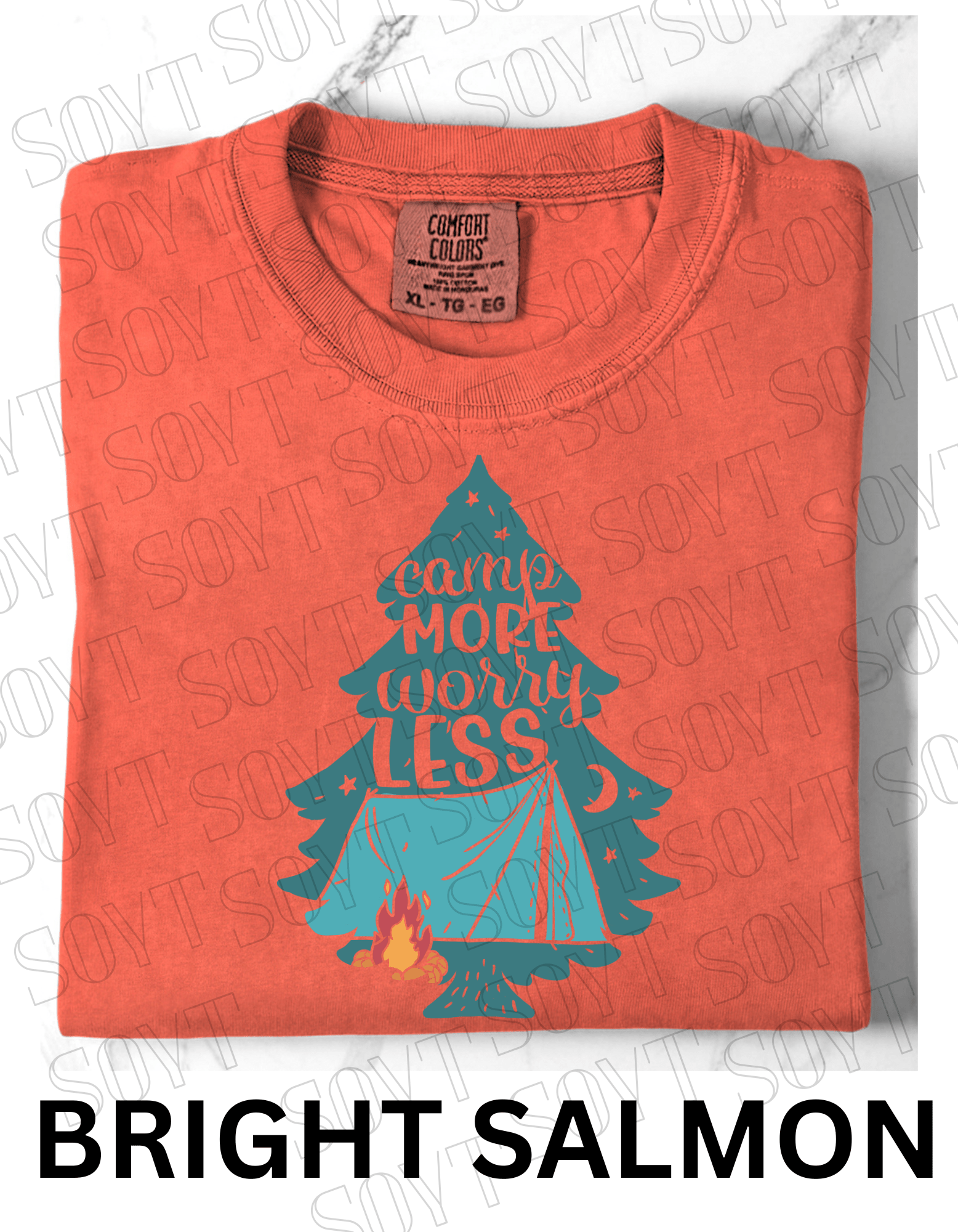 Camp More Worry Less T-Shirt – Pine Tree Tent & Campfire Graphic Tee - Festive Apparel StoreBright Salmon