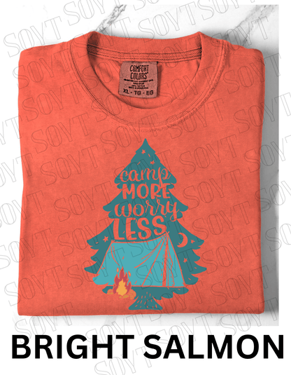 Camp More Worry Less T-Shirt – Pine Tree Tent & Campfire Graphic Tee - Festive Apparel StoreBright Salmon