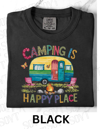 Camping Is My Happy Place T-Shirt – Retro Camper & Campfire Graphic Tee