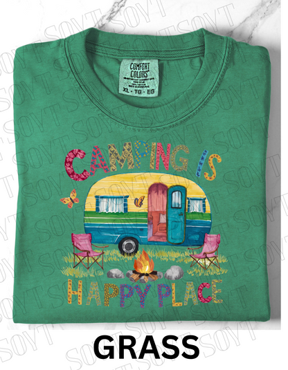 Camping Is My Happy Place T-Shirt – Retro Camper & Campfire Graphic Tee