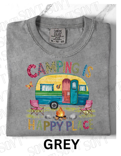Camping Is My Happy Place T-Shirt – Retro Camper & Campfire Graphic Tee