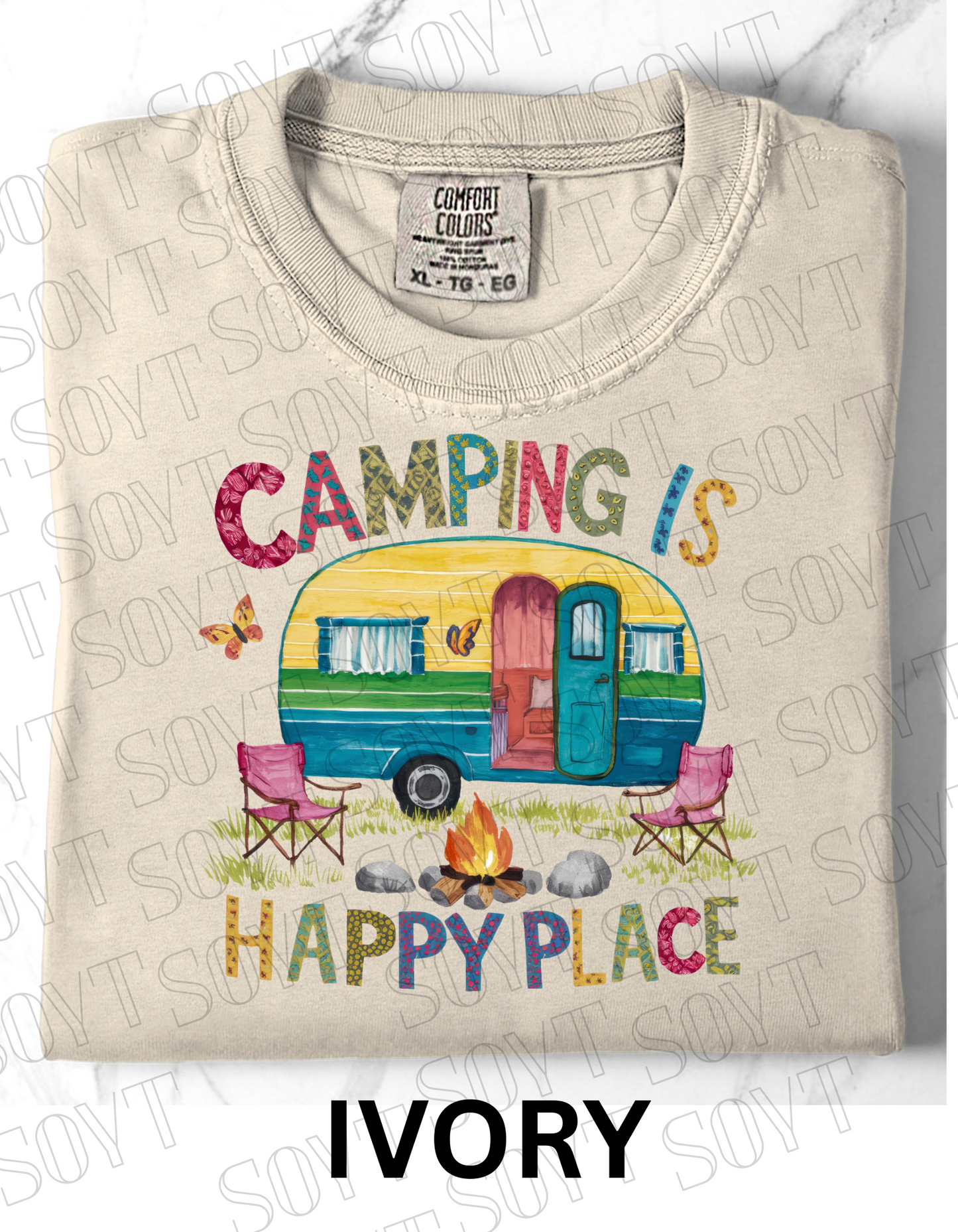 Camping Is My Happy Place T-Shirt – Retro Camper & Campfire Graphic Tee