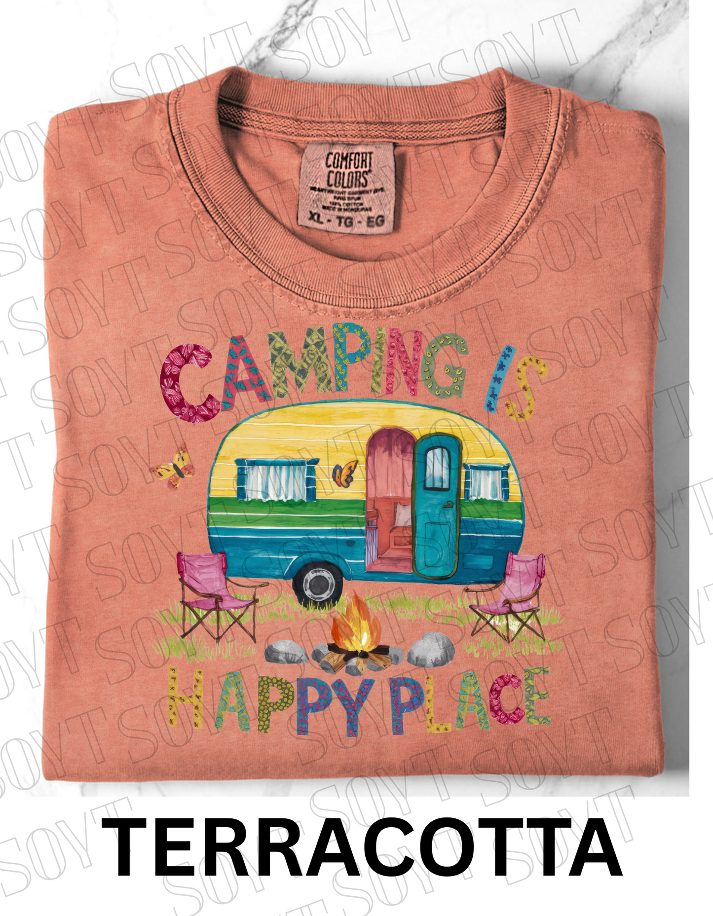 Camping Is My Happy Place T-Shirt – Retro Camper & Campfire Graphic Tee