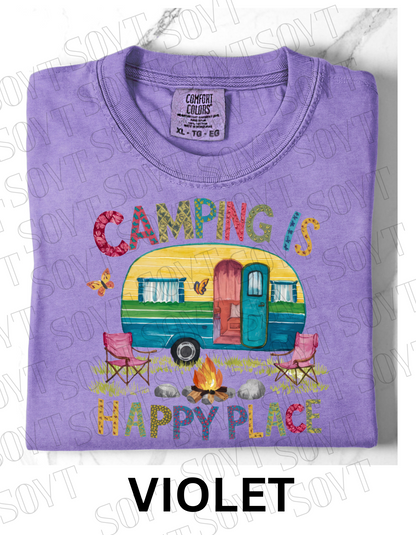 Camping Is My Happy Place T-Shirt – Retro Camper & Campfire Graphic Tee