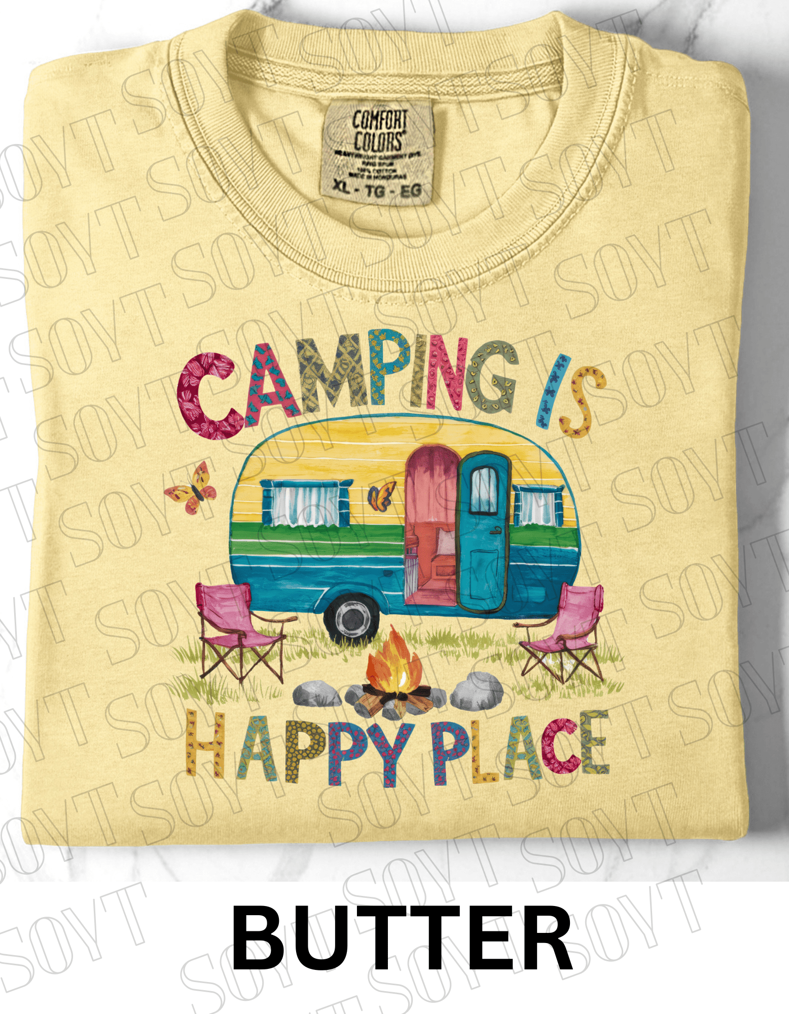 Camping Is My Happy Place T-Shirt – Retro Camper & Campfire Graphic Tee - Festive Apparel StoreButter